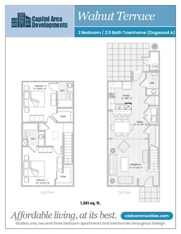 Floor plan for 2 beds, 2.5 baths, 1281 sqft